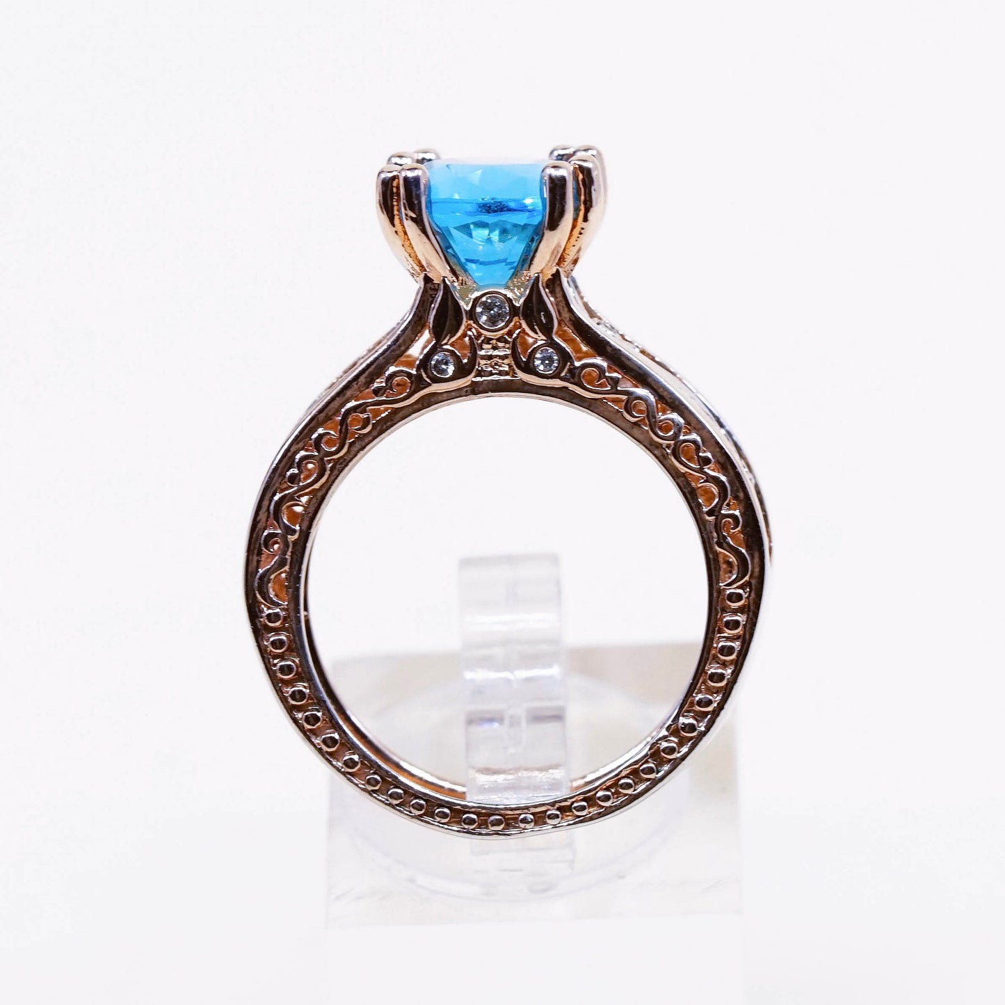 sz 8, Vermeil rose gold over Sterling silver ring, 925 w/ blue topaz N diamond