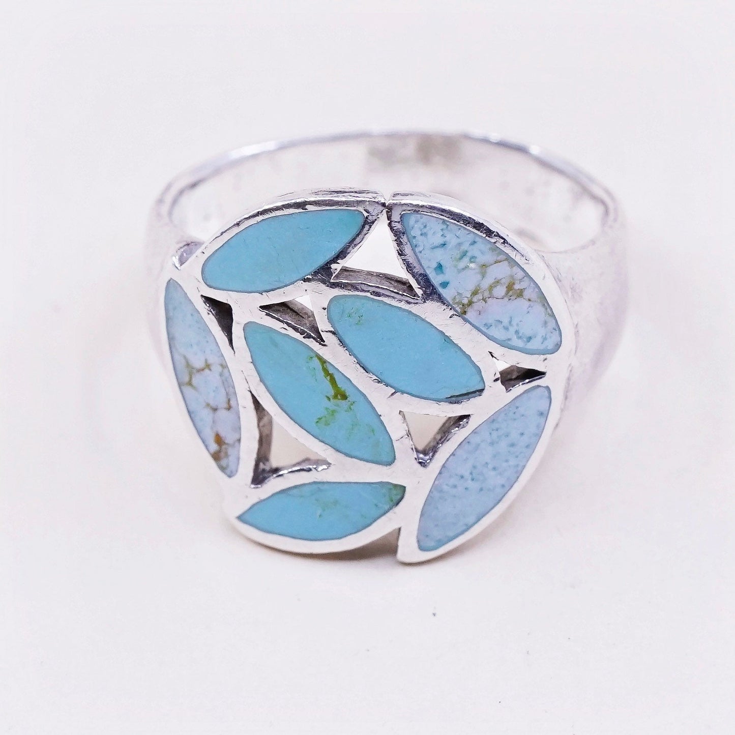 sz 8.5, vtg sterling 925 silver handmade ring with turquoise leaf, southwestern