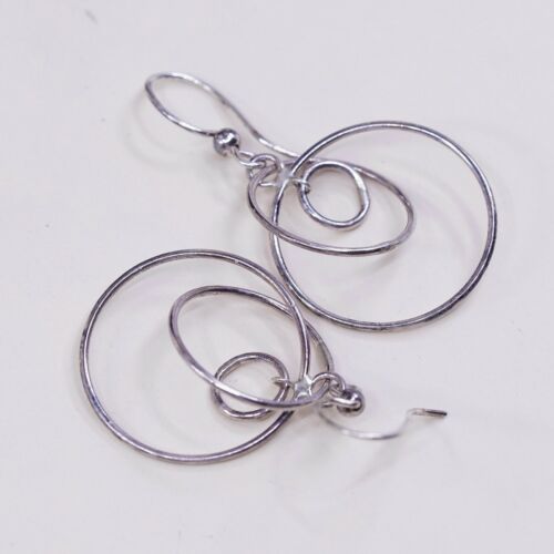 Vtg Sterling Silver Handmade Earrings, Mexico 925 circle dangles, Silver Tested