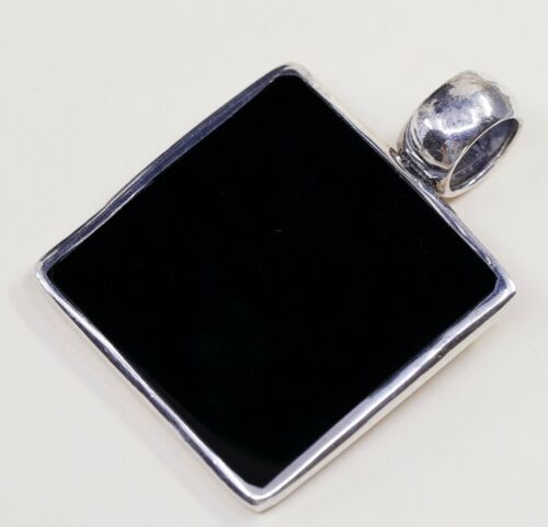 Vtg Sterling 925 Silver Handmade Square Pendant W/ Obsidian N Filigree Flower