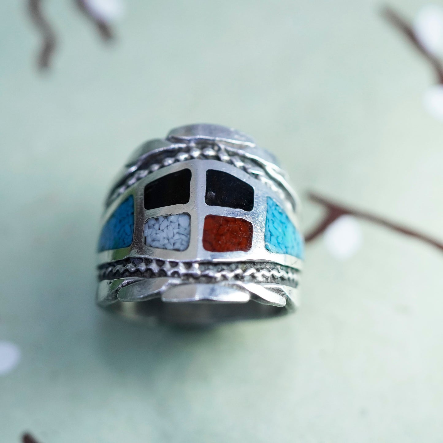 Size 8, Native American sterling silver Zuni ring, 925 wrap band turquoise