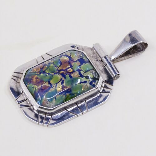 Vtg Sterling Silver Handmade Pendant, Mexico 950 With Vivic Green Foiled Glass