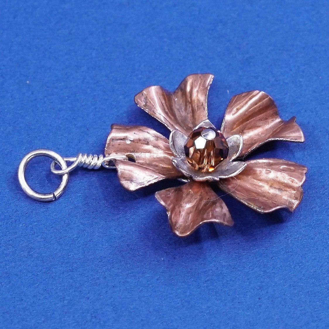 vtg copper handmade flower pendant w/ sterling 925 silver ring ruby crystal