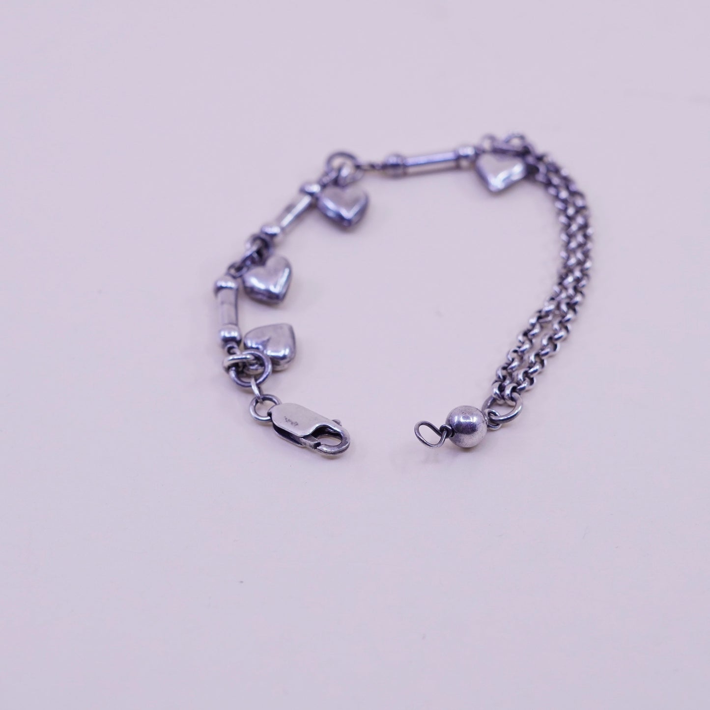 7”, sterling 925 silver circle bracelet, strands circle chain and heart charms