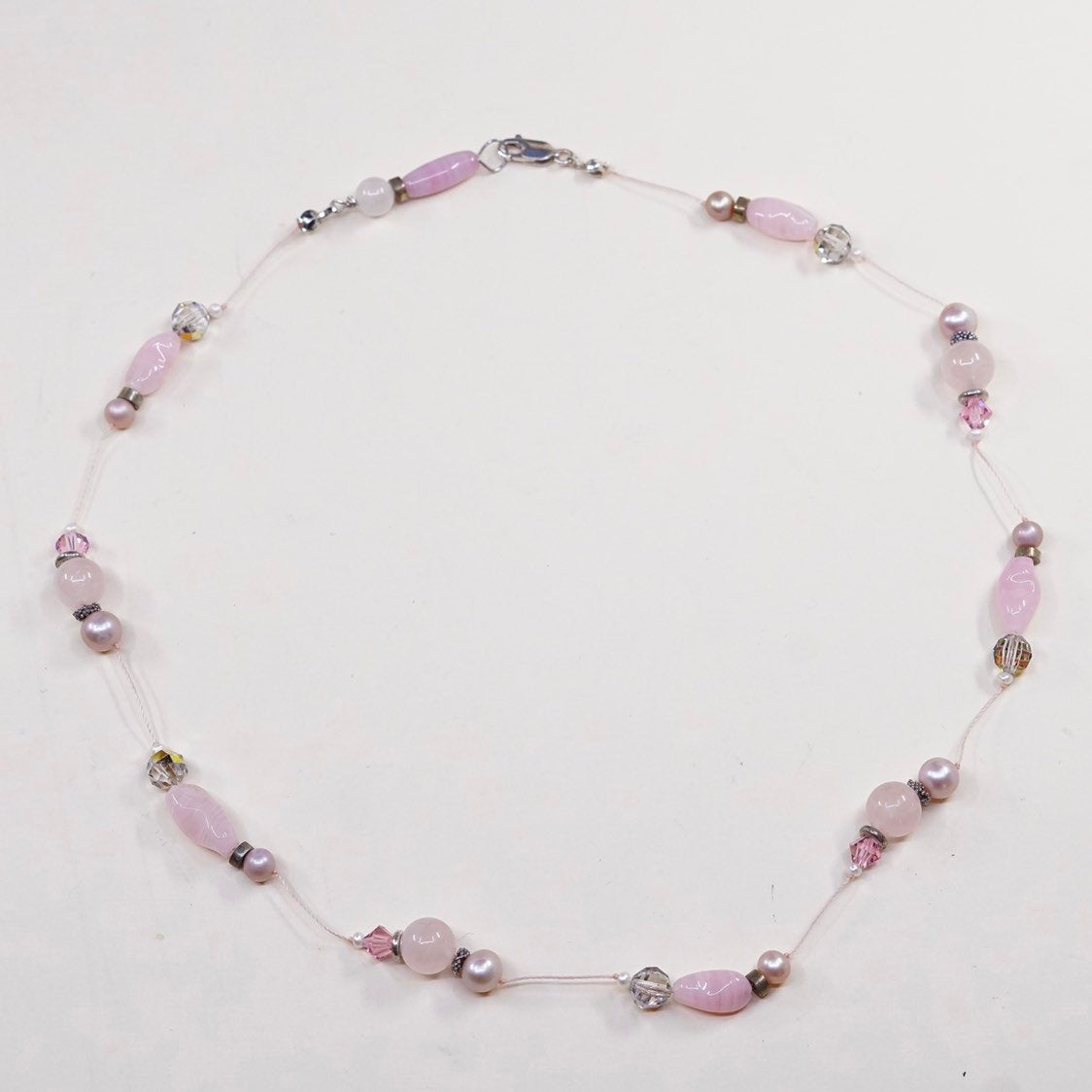 18”, vtg handmade Sterling silver clasp with pink quartz beads necklace