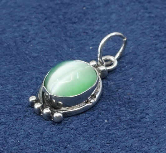 vtg Sterling silver handmade pendant, 925 charm w/ oval green tiger eye
