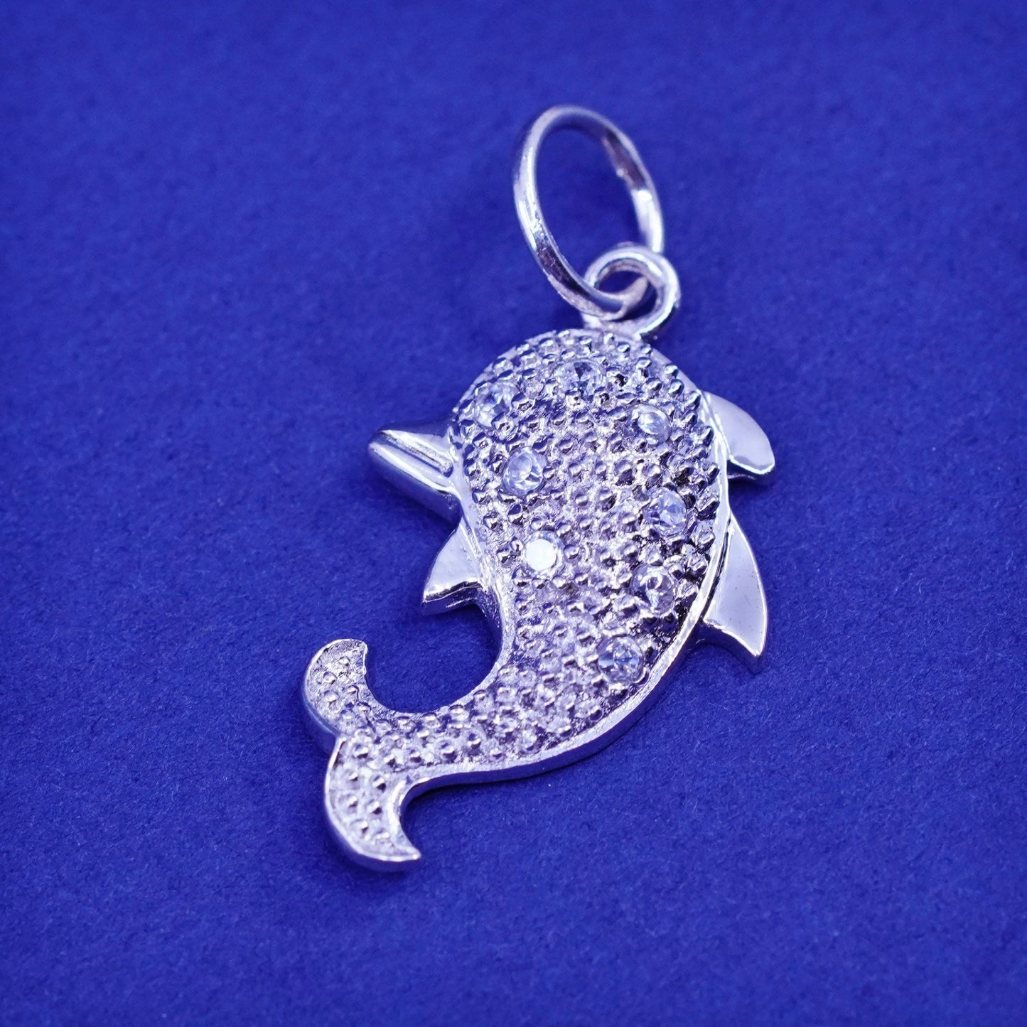 Vintage Sterling silver handmade pendant, 925 dolphin charm with cluster cz