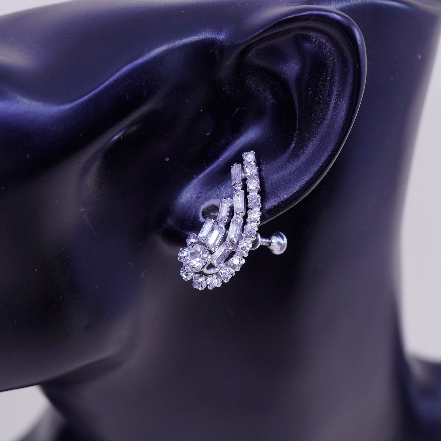 1950s sterling 925 silver earrings swirly screw back earrings with rhinestone