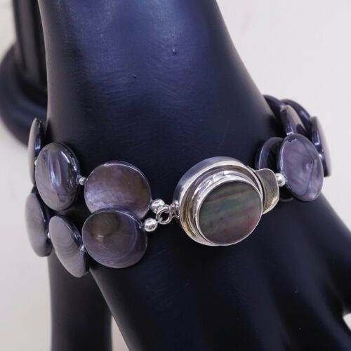 6.75”, Vtg Handmade Abalone Disc Bracelet W/ 925 Sterling Silver Clasp