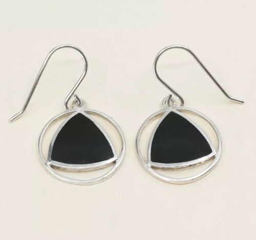 Vtg Thailand Sterling Silver Handmade Earrings, 925 Silver Circle W/ Obsidian