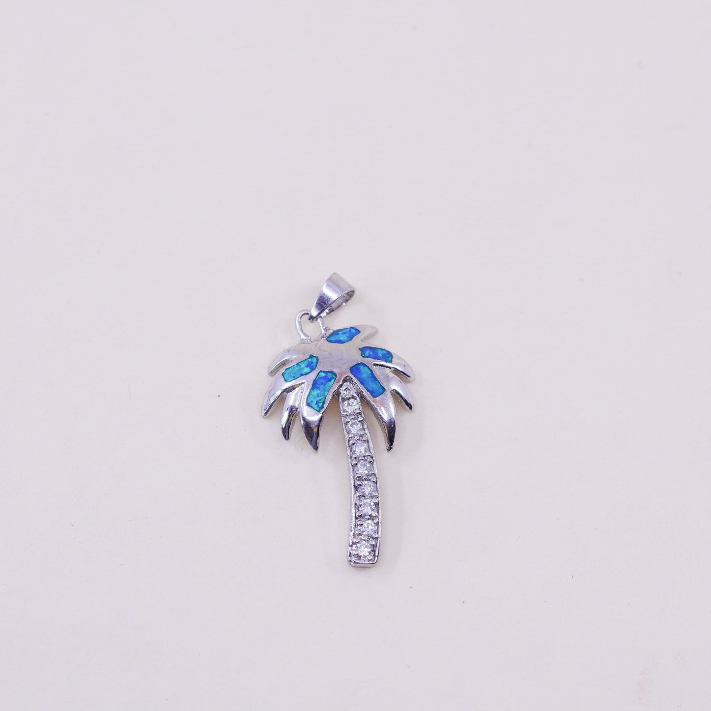 Vintage sterling 925 silver handmade palm tree pendant with opal and cz