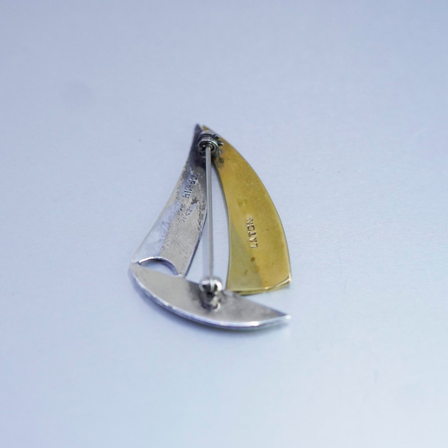 Vintage handmade sterling 925 silver sailing boat brooch with brass