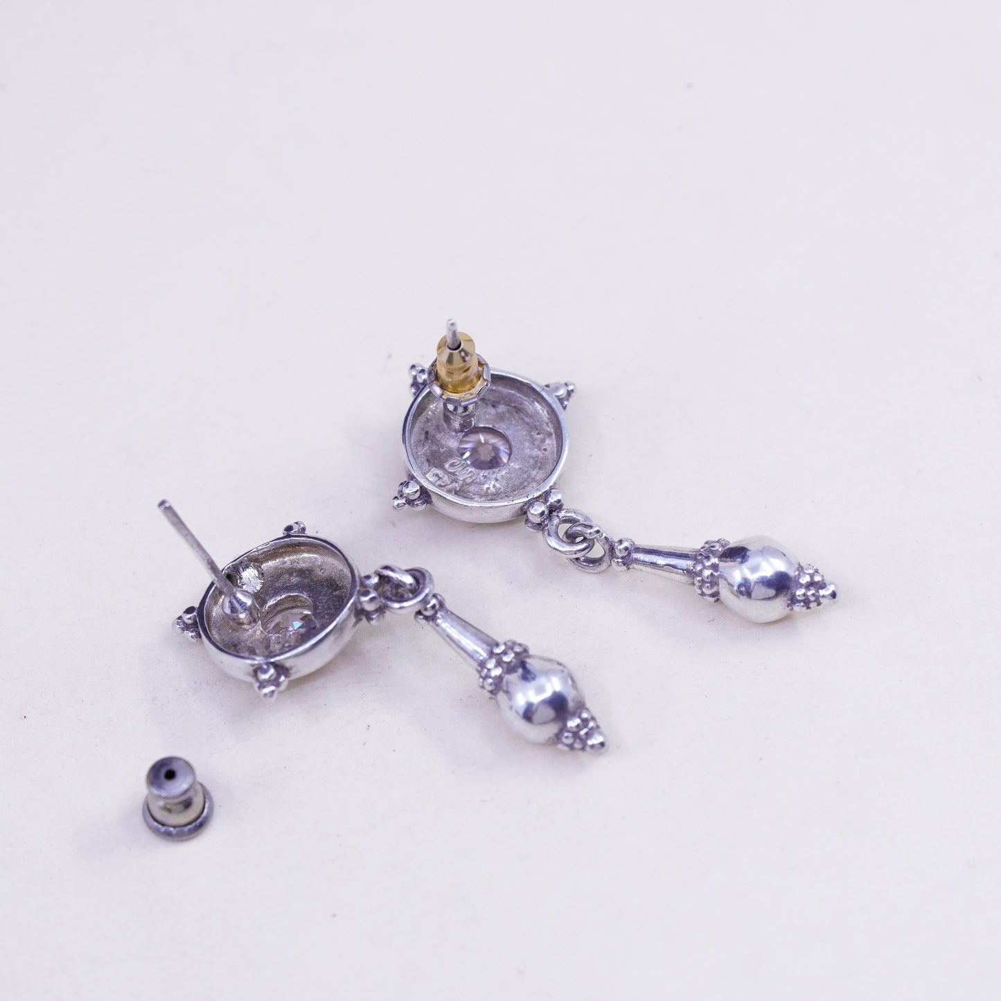 Vintage sterling 925 silver handmade earrings with round CZ and cable