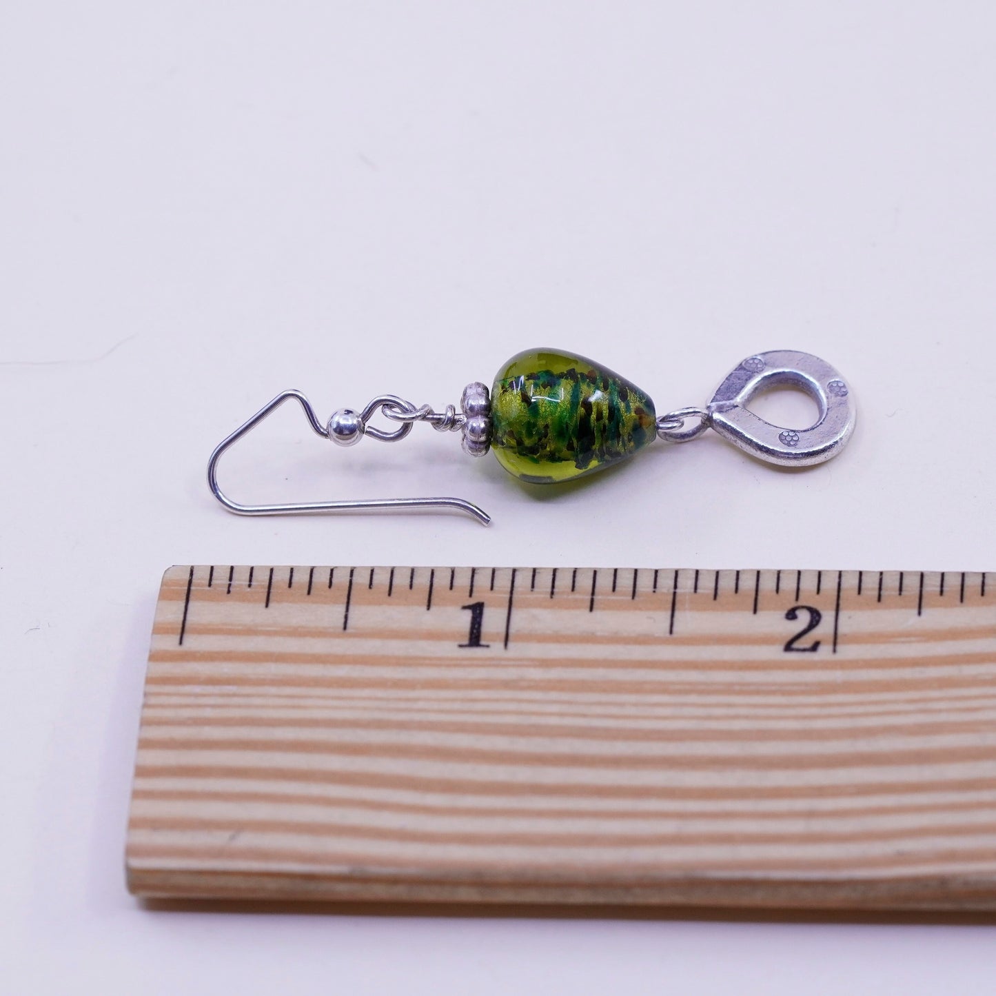 Vintage Sterling 925 silver handmade earrings with green teardrop glass dangles