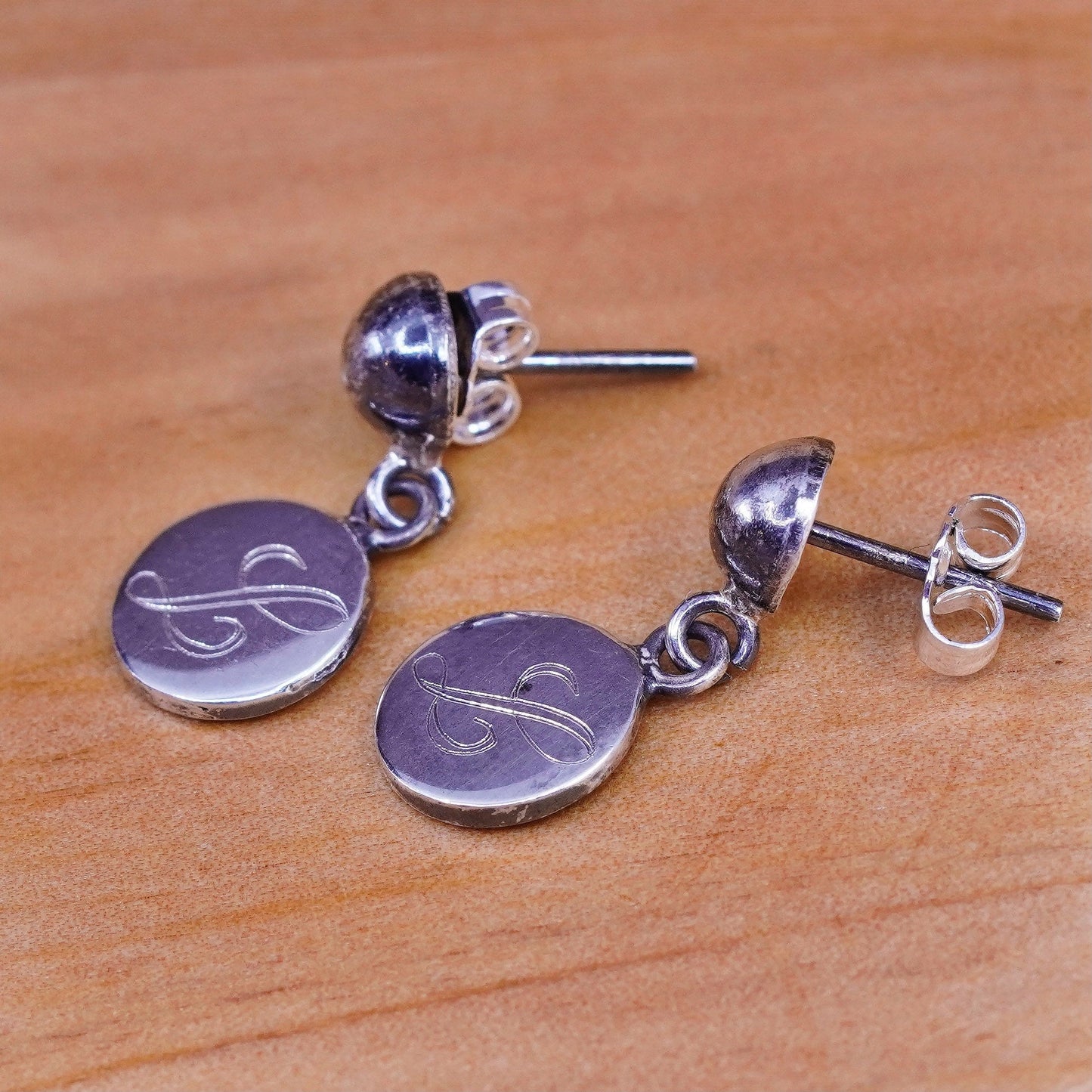 Vintage Sterling silver handmade earrings, 925 disc drops engraved “L”