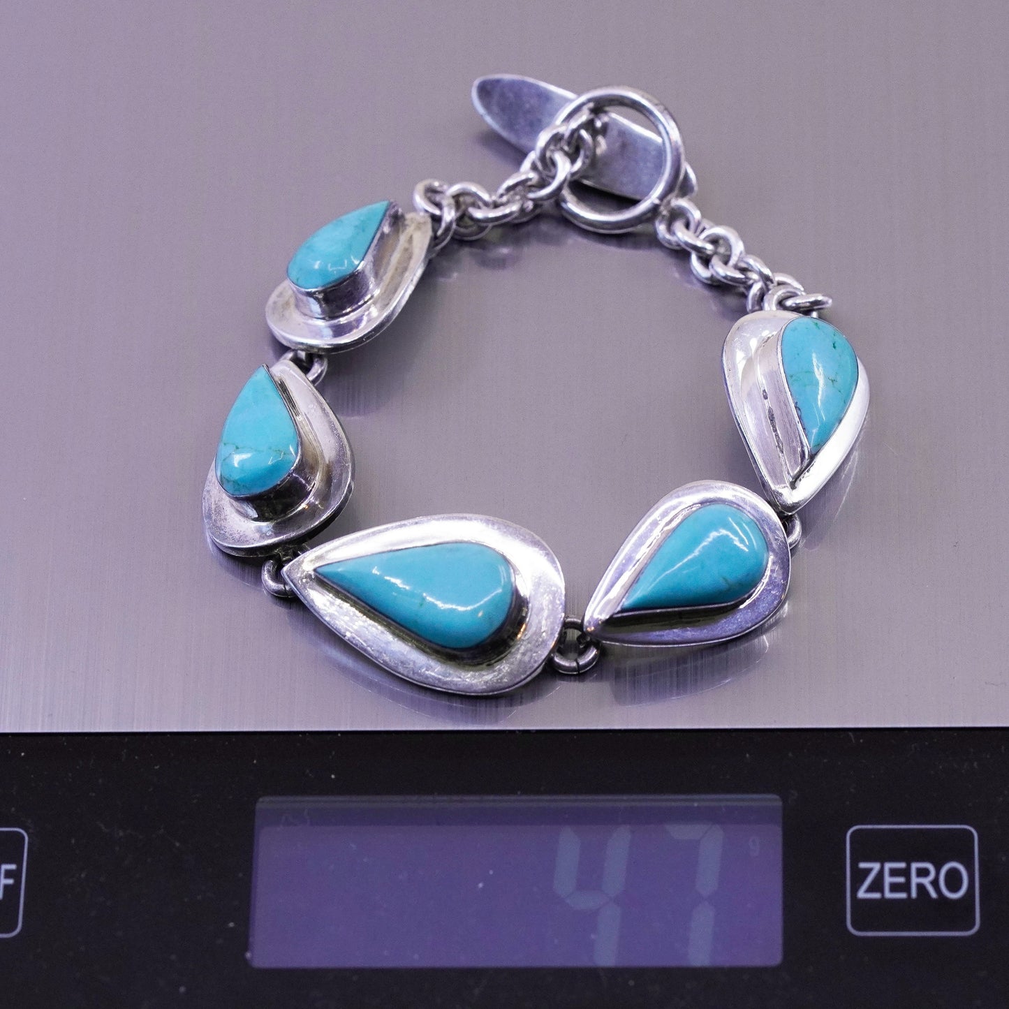 7.5”, Sterling silver handmade bracelet, Mexico 925 chain teardrop turquoise