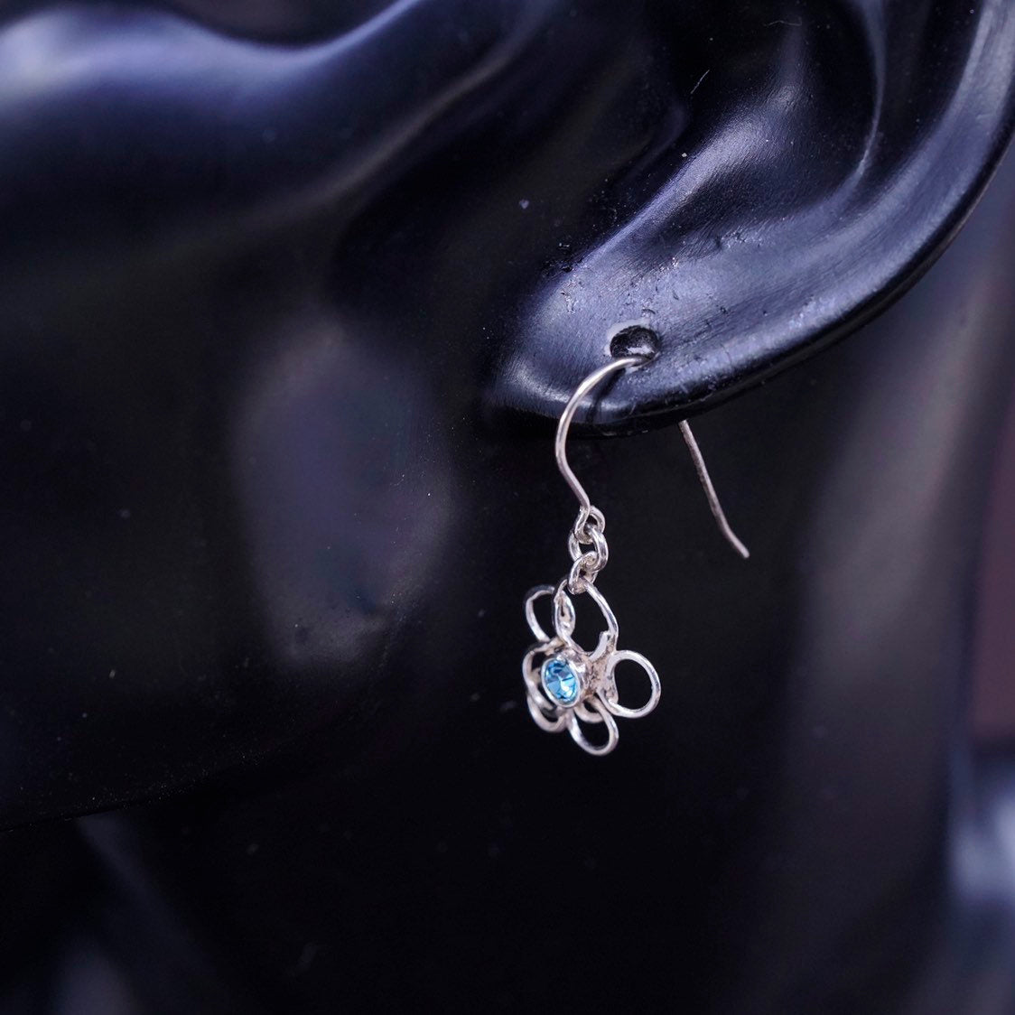 VTG Sterling silver handmade earrings, 925 swirl flower dangles w/ blue crystal