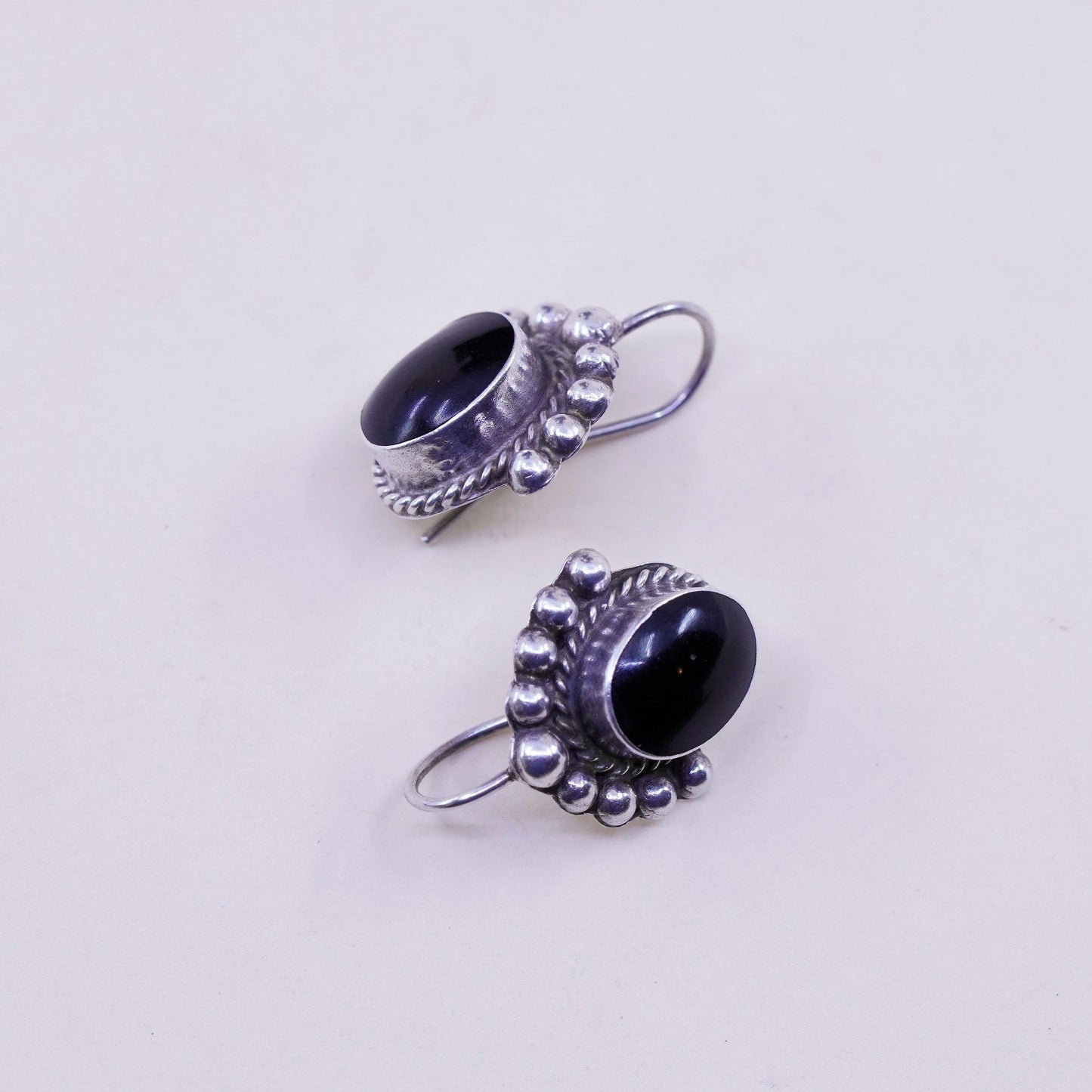 Vintage Sterling 925 silver handmade earrings with oval obsidian drops