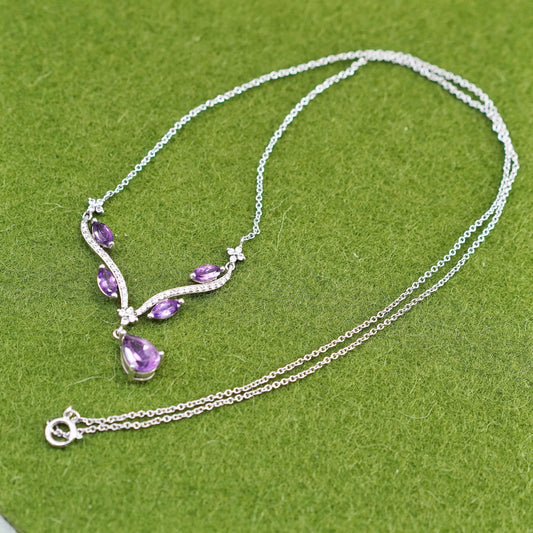 18”, Sterling silver necklace, 925 circle chain teardrop amethyst pendant