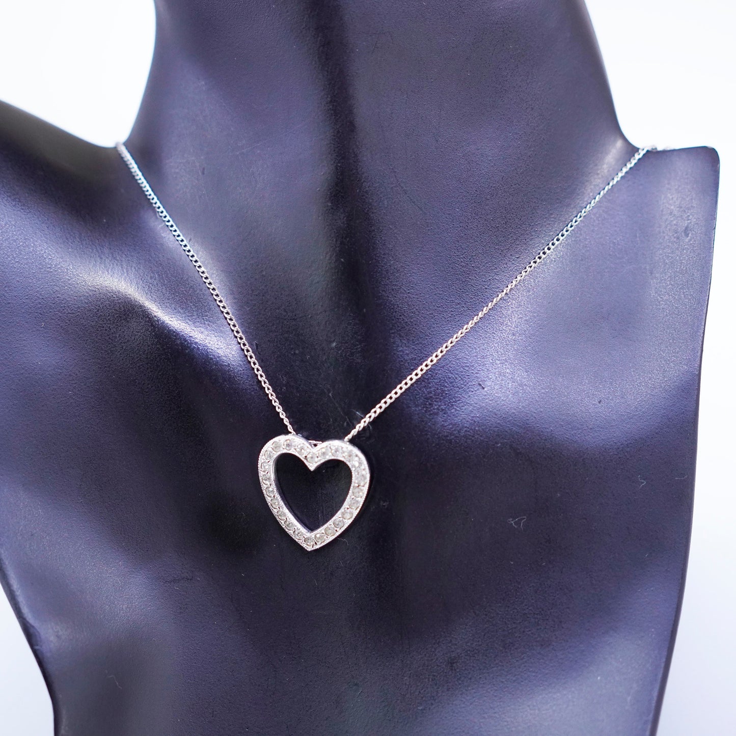 16”, vintage Sterling 925 silver handmade curb necklace with cz heart pendant