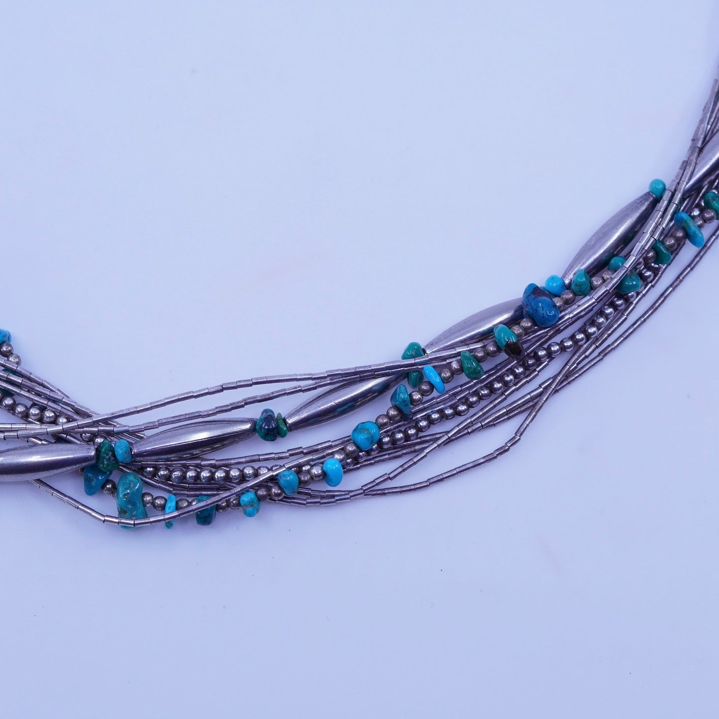 22”, liquid Sterling 925 silver multi strand necklace Native American turquoise