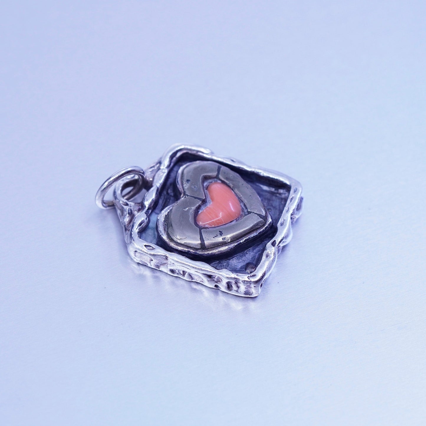 peyote bird sterling 925 silver rectangular pendant w/ hematite coral heart