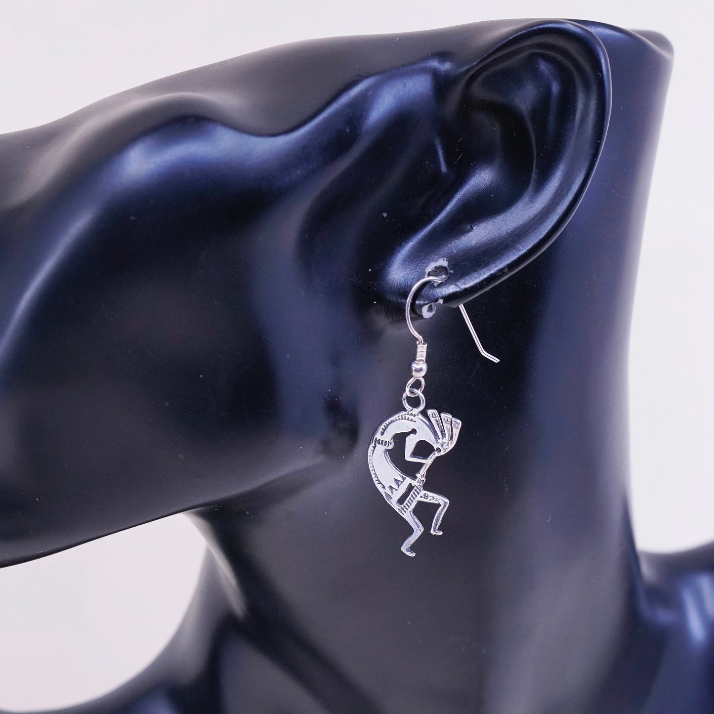 Vintage Sterling silver handmade earrings, fine 925 silver Kokopelli dangles