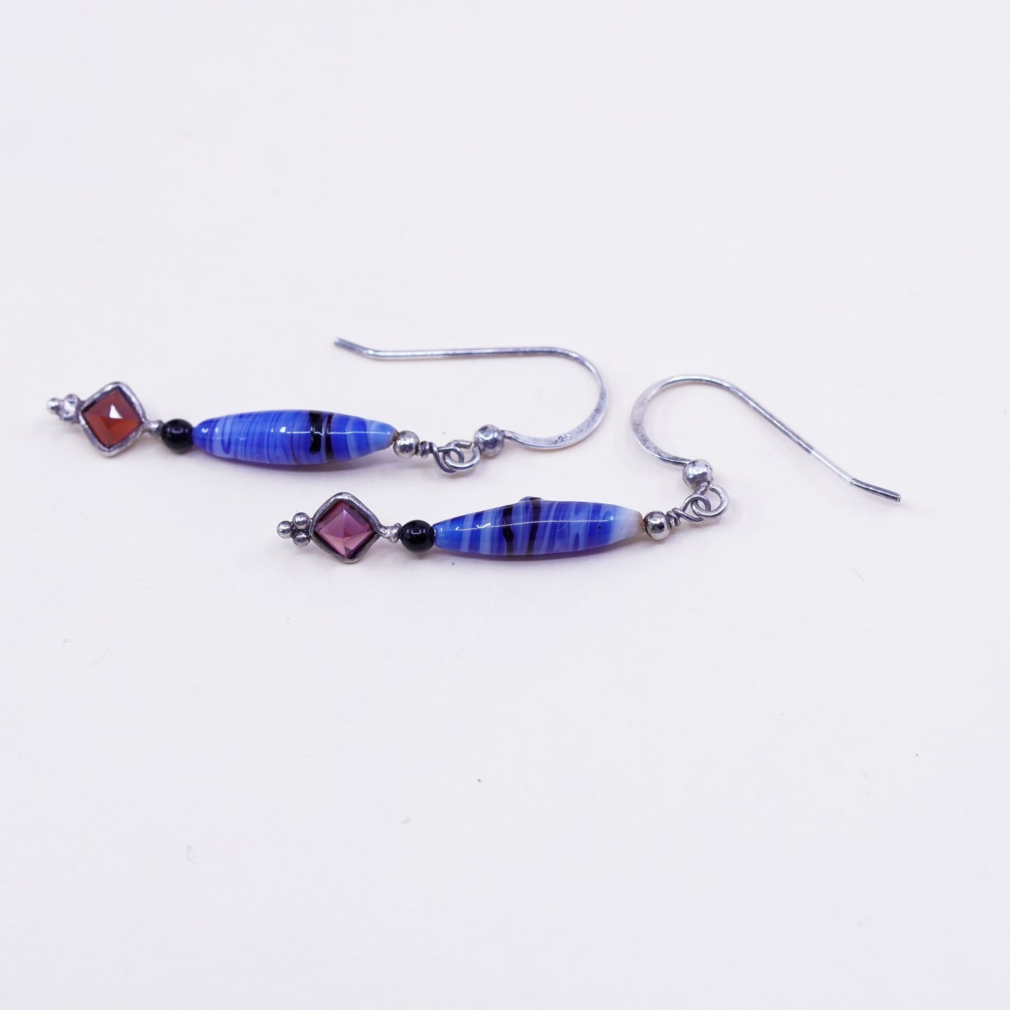Sterling silver handmade earrings, 925 hooks w/ blue artisan glass drops N ruby