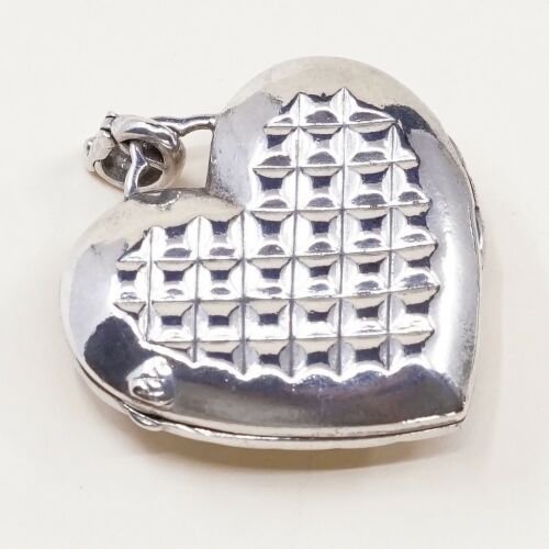 Vtg Heidi Klum 925 Sterling Silver Clover Quilted Heart Locket Pendant