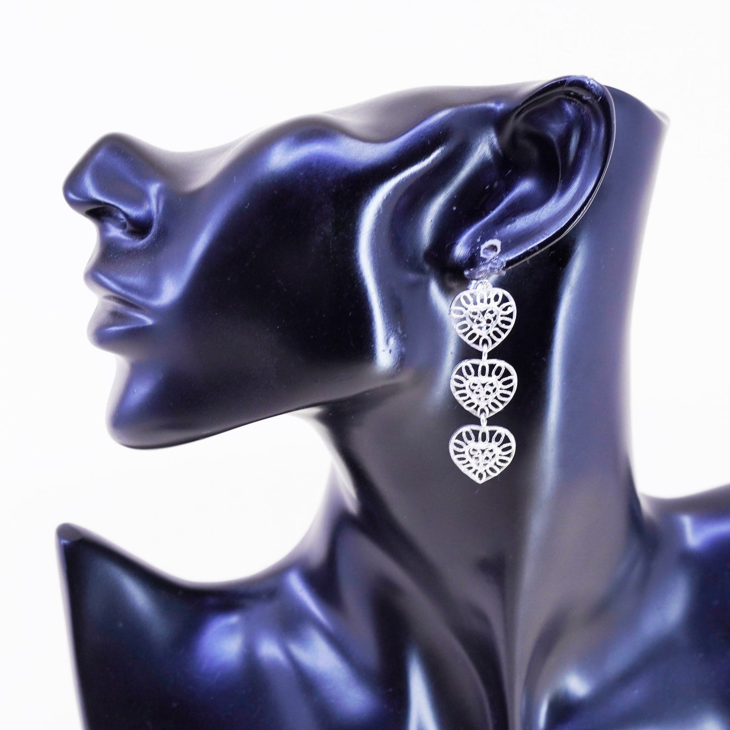 Vintage sterling silver handmade earrings, 925 filigree heart