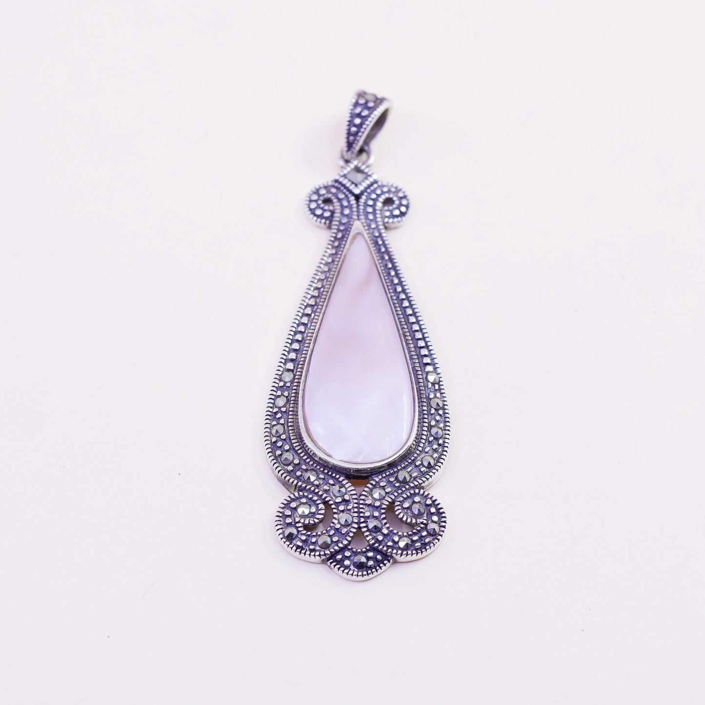 vtg sterling 925 silver handmade pendant, teardrop mother of pearl marcasite