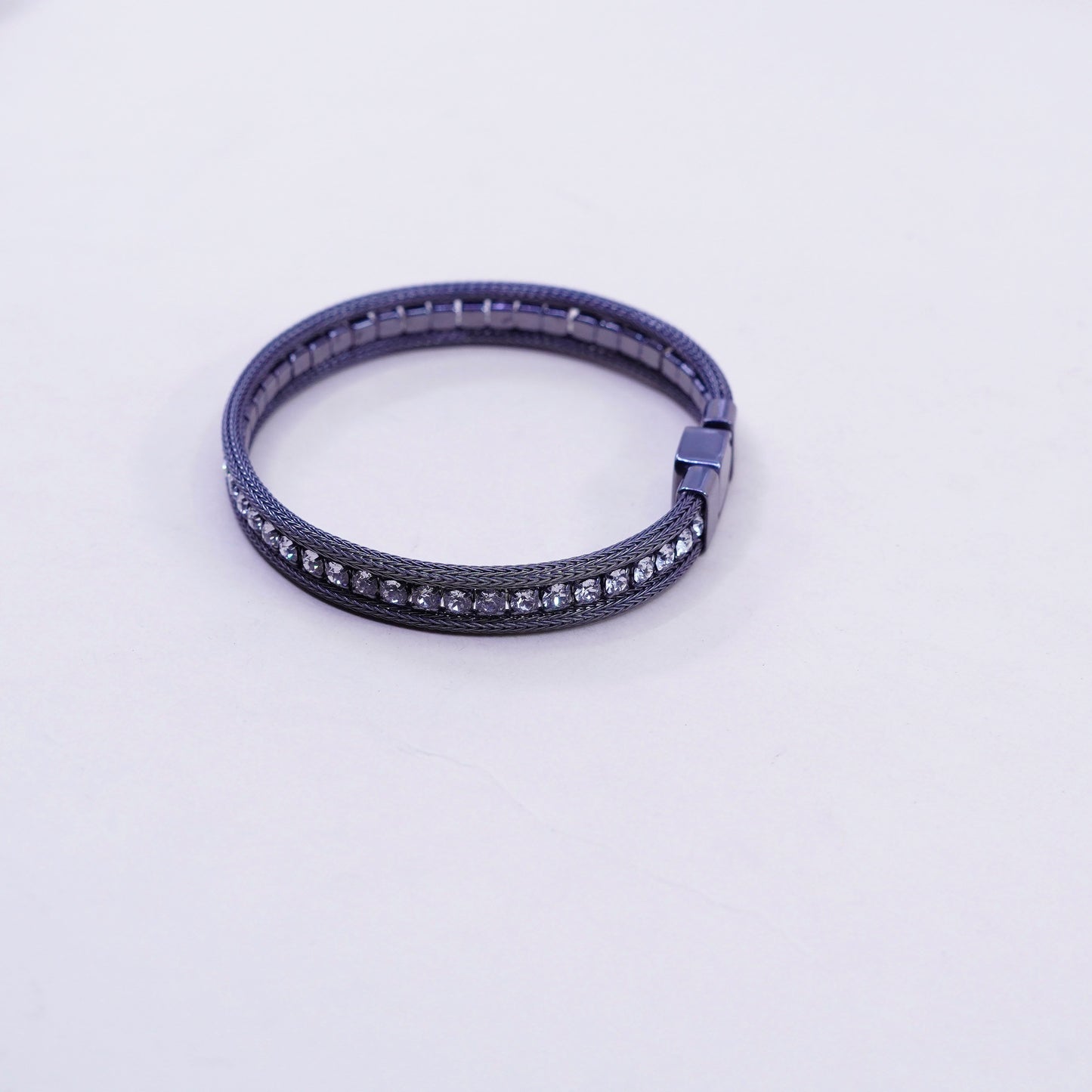 6.75”, vtg Italy sterling silver bracelet, oxidized 925 double wheat chain cz