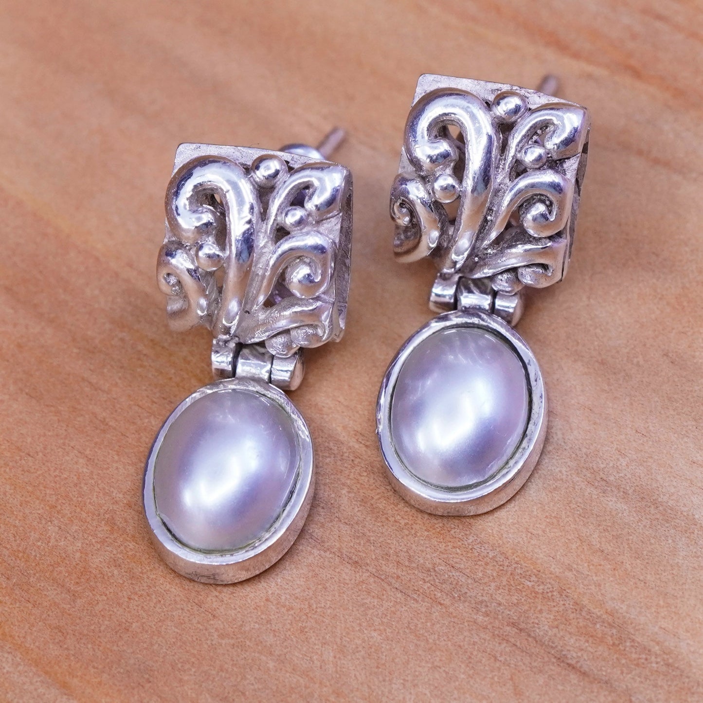 Sterling silver earrings, 925 studs with freshwater pearl drop and filigree