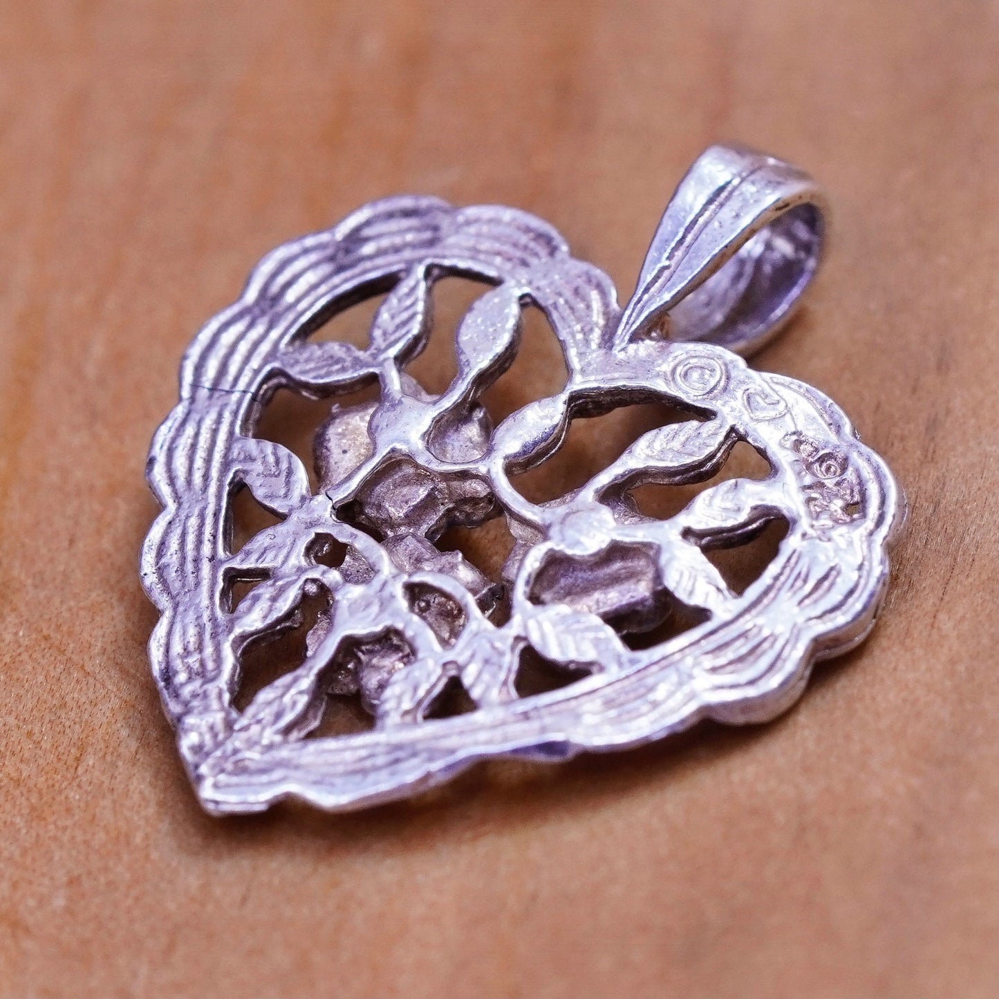 Vintage Sterling silver handmade pendant, 925 filigree floral heart pendant