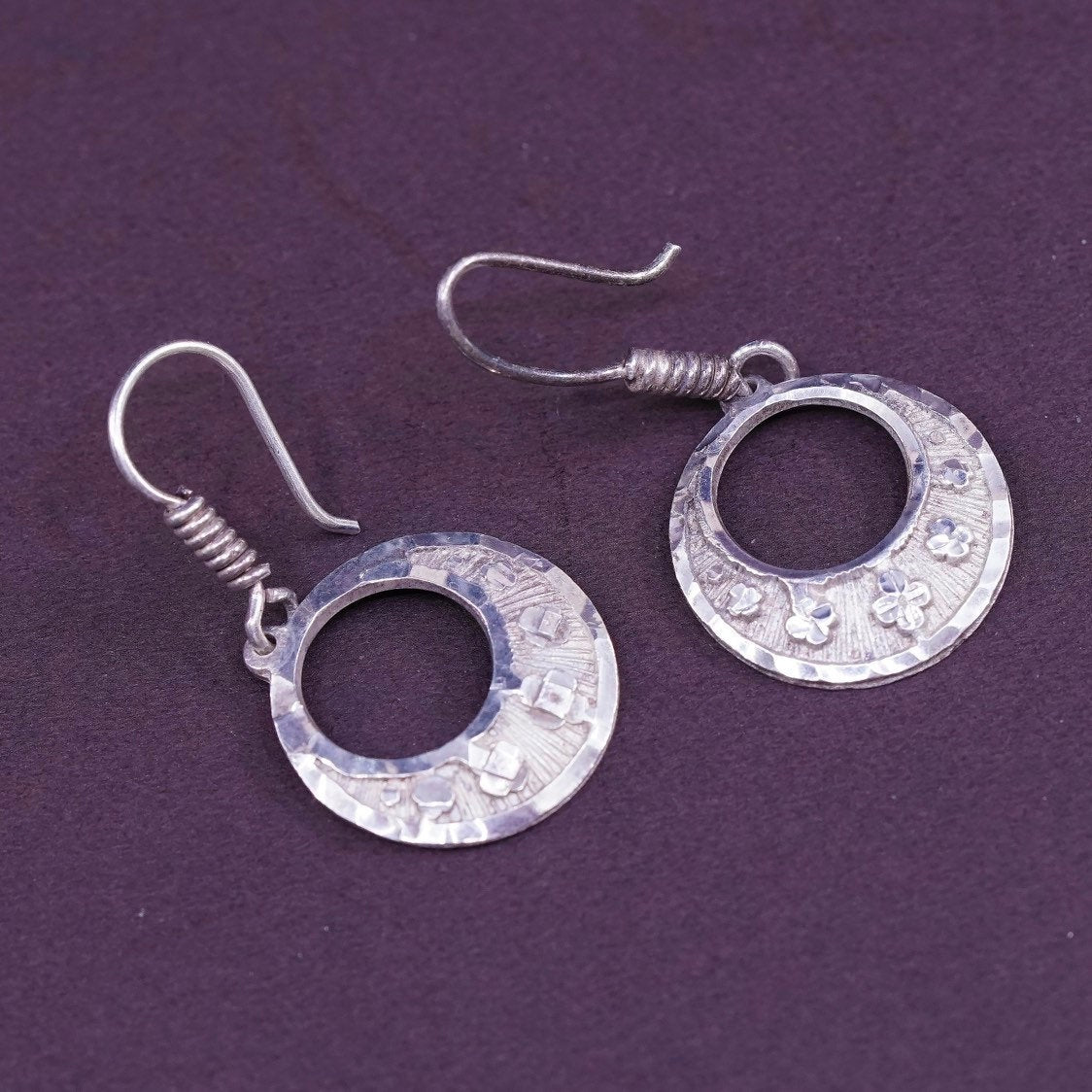 vtg Sterling silver handmade pierced earrings, Mexico 925 w/ circle drops