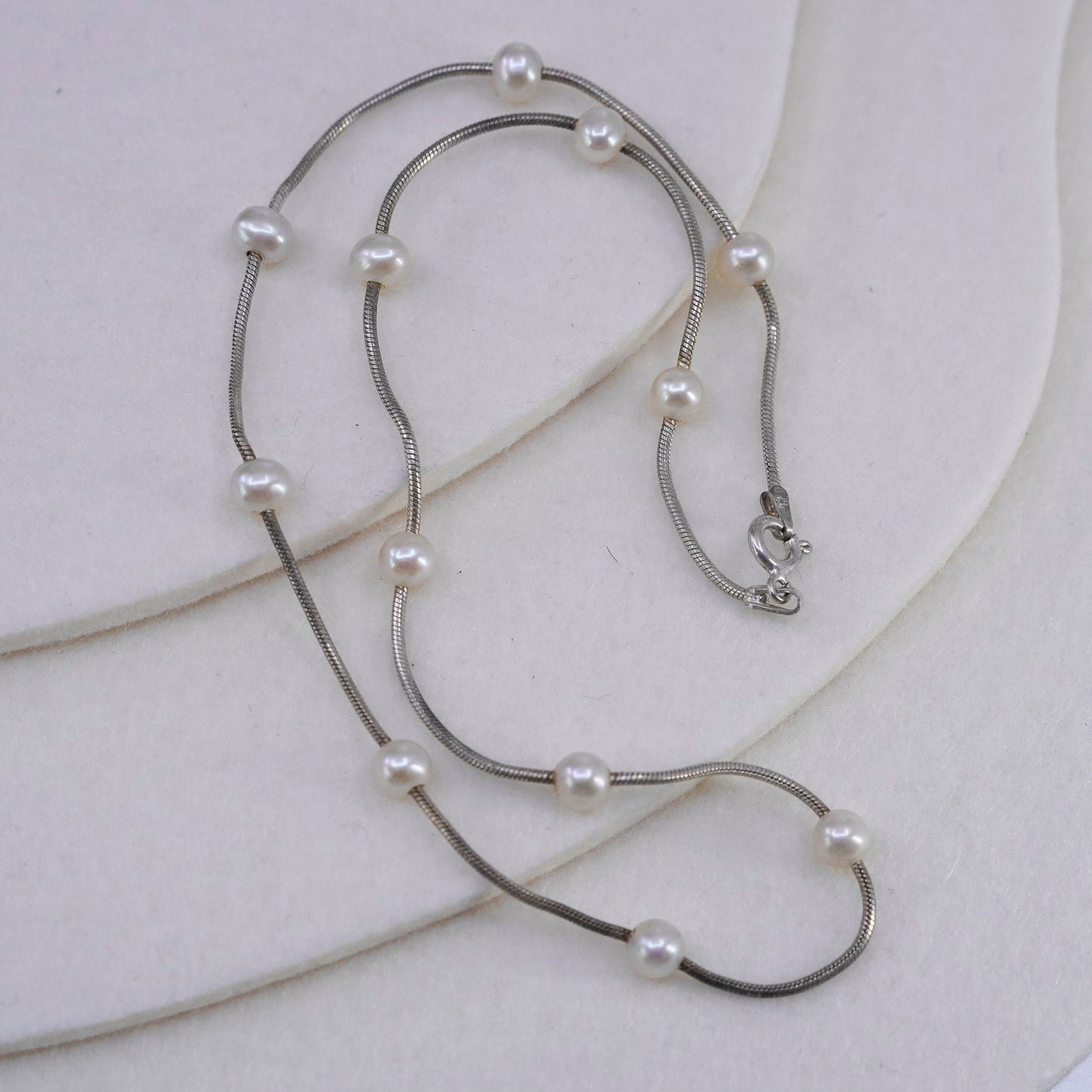 16”, vintage Sterling 925 silver handmade snake chain necklace with pearl beads