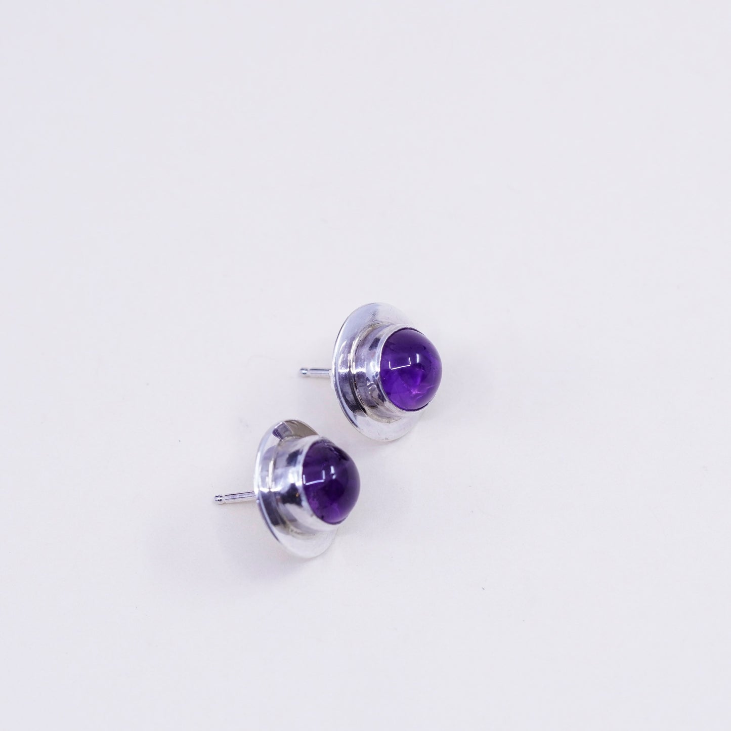 Vintage sterling silver earrings, 925 studs with round amethyst