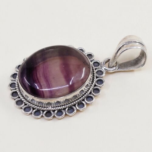 Vtg Sterling silver handmade pendant, solid 925 silver w/ fluorite, stamped 925