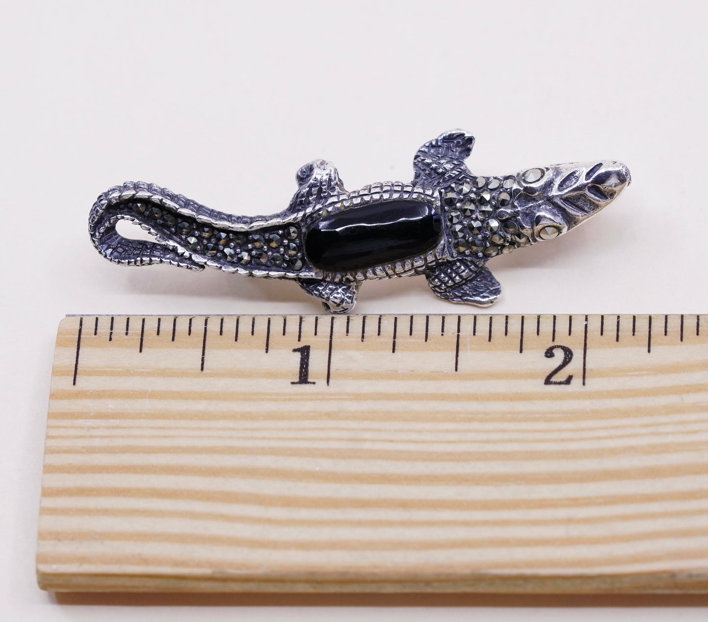 vtg Sterling 925 silver alligator crocodile brooch w/ obsidian N marcasite