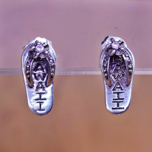 Hawaii Sterling 925 silver sandal flip flop studs earrings with flower and cz
