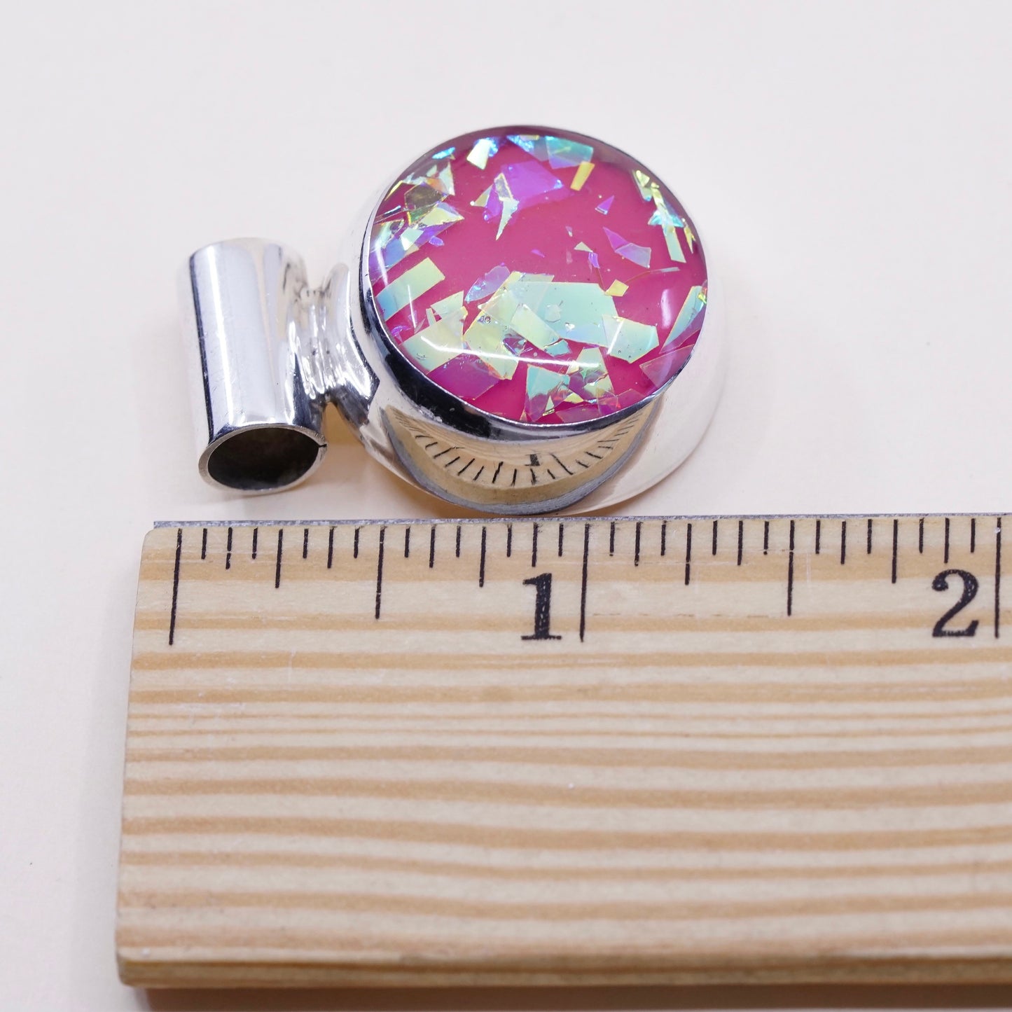 vtg sterling silver with artisan glass slide pendant, dichroic glass pendant