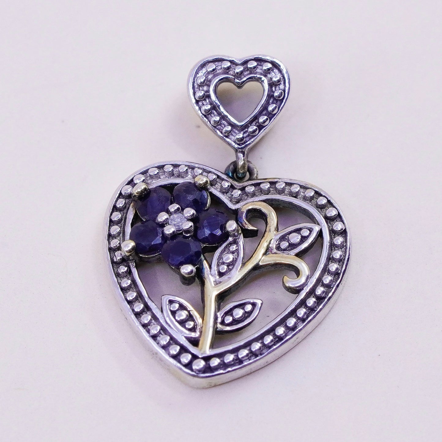 vermeil Gold over Sterling silver pendant, 925 heart pendant sapphire flower