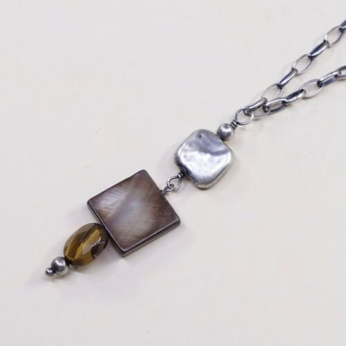 Silpada Necklace Sterling Silver Circle Chain Mother Of Pearl & Tiger Eye N1336