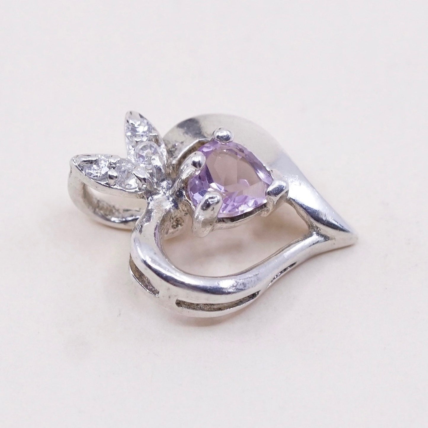 vtg Sterling silver pendant, 925 with heart amethyst N cz