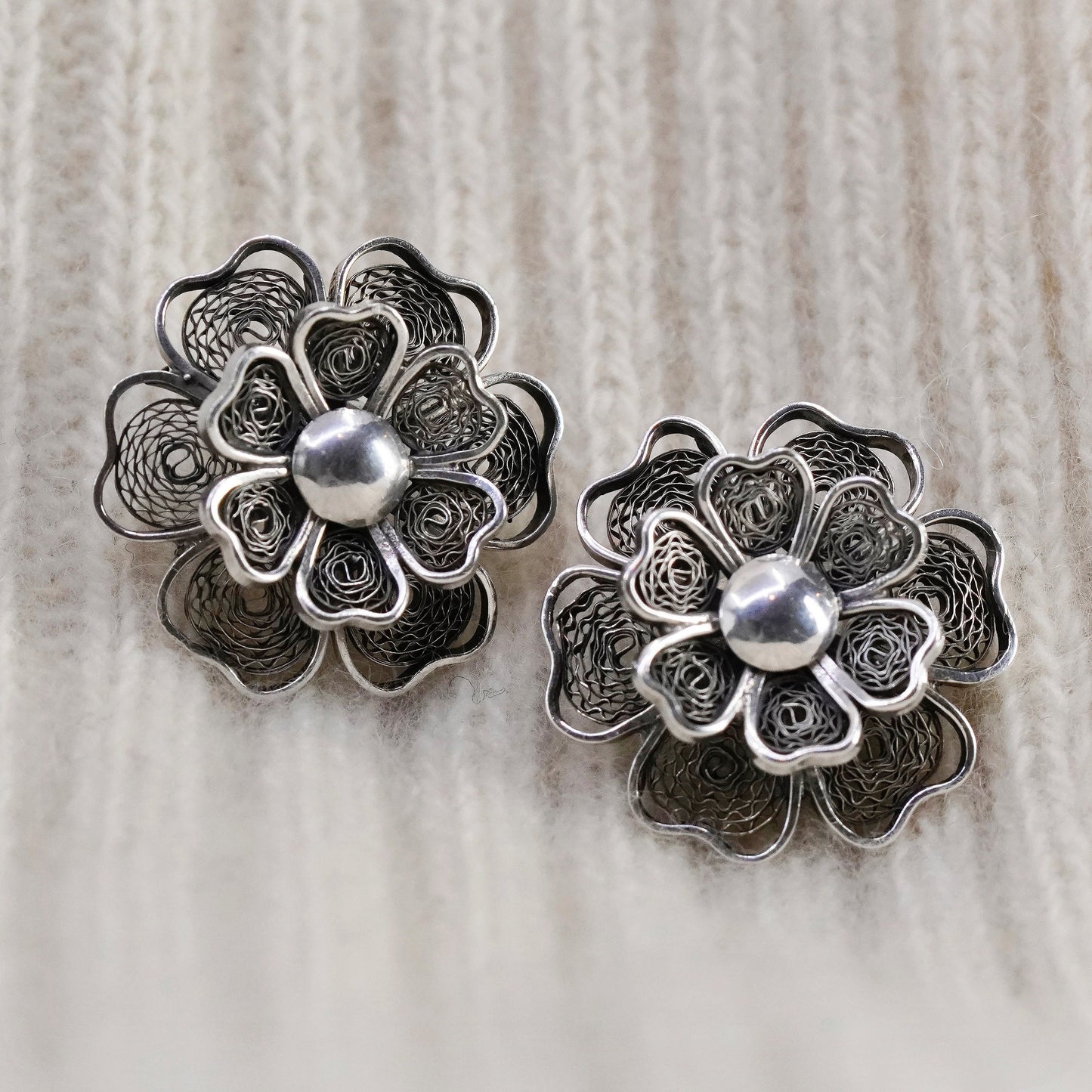 Vintage sterling silver handmade earrings, 925 filigree flower studs