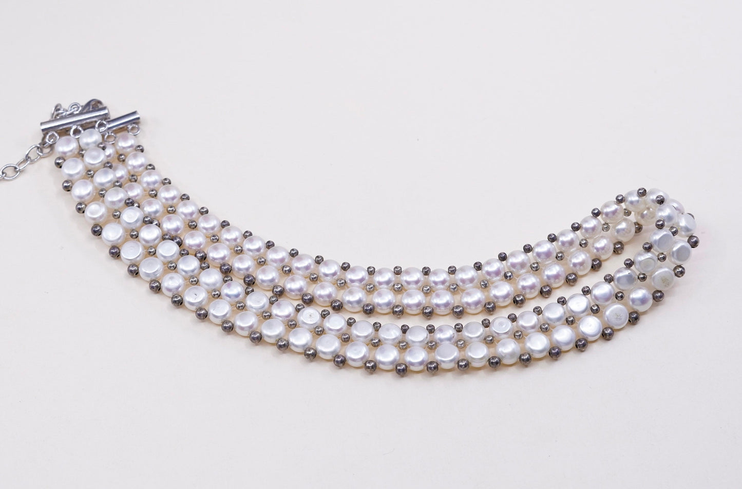 14+4” Vintage sterling 925 silver white freshwater pearl beads necklace chain