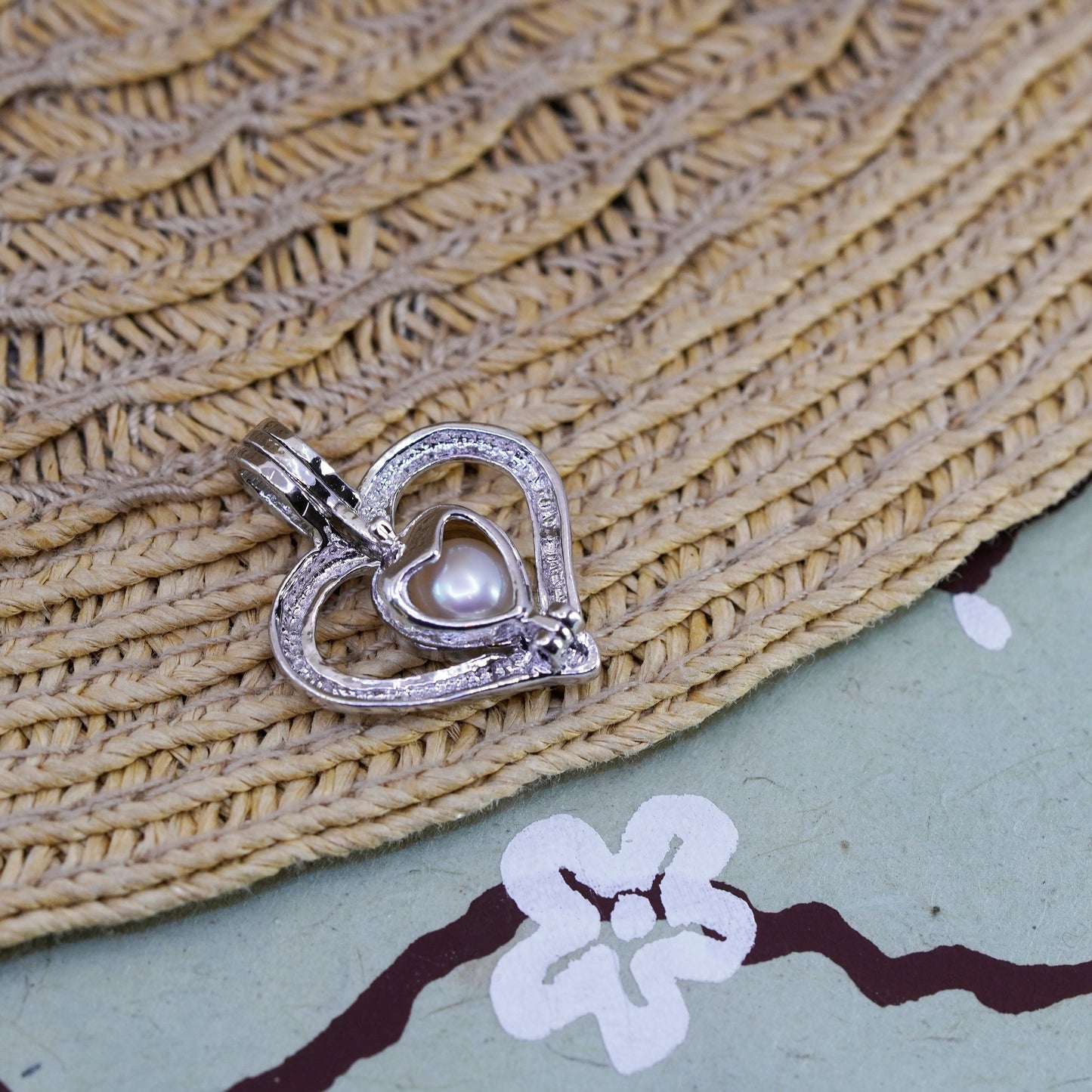 Vintage 925 handmade heart pearl cage pendant with pearl