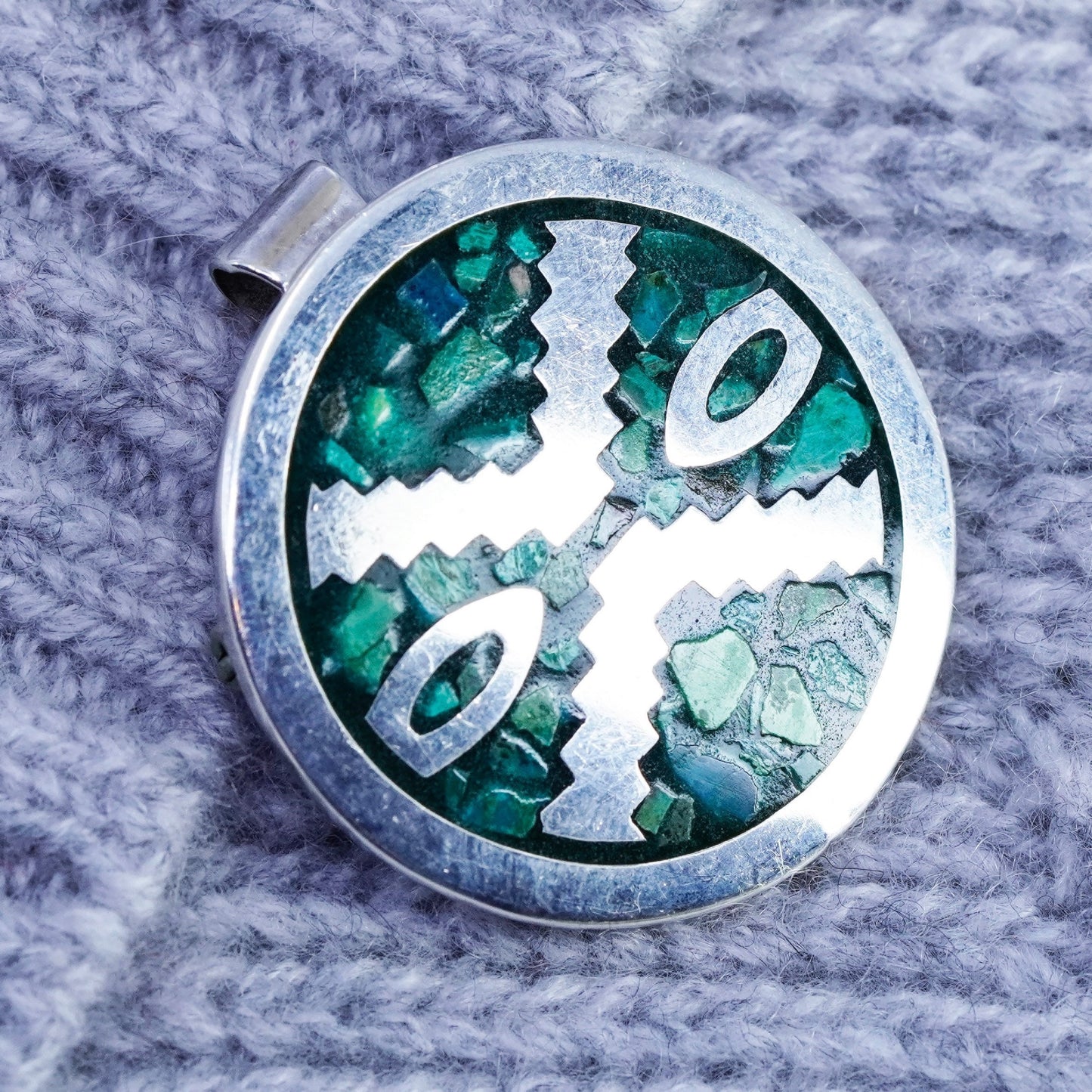 antique sterling 925 silver circle pendant brooch with malachite