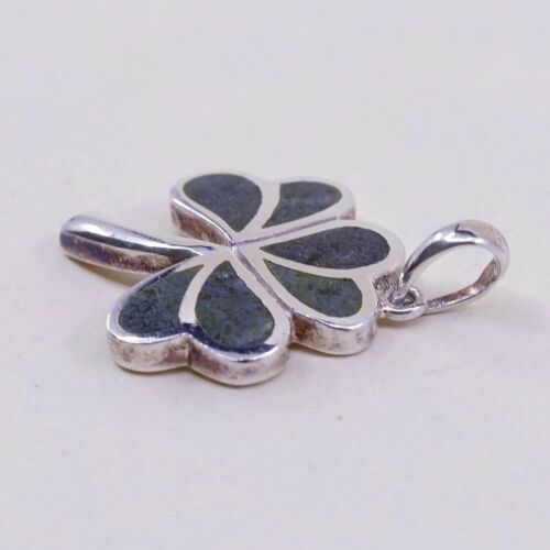 Vintage Solvar Sterling silver pendant, 925 Clover W/ Green Gemsyone Inlay