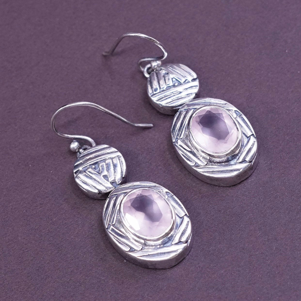 vtg Sterling silver handmade earrings, 925 w/ oval cut amethyst dangle